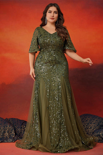 Sparkly Olive Mermaid Tulle Long Mother of the Bride Dress